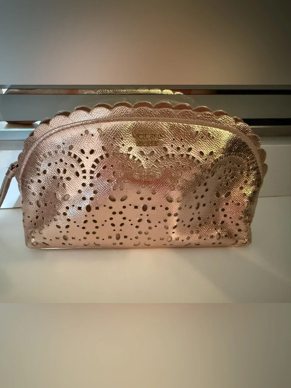 Victoria's Secret Metallic Rose Gold Perforated Makeup Pouch